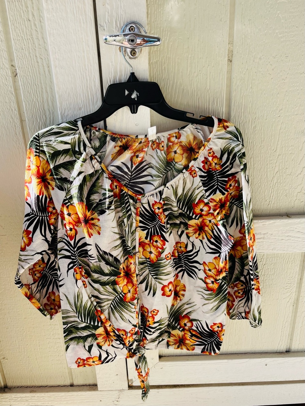 PerSeption Concept White Tie-Front Top with Yellow Floral Print